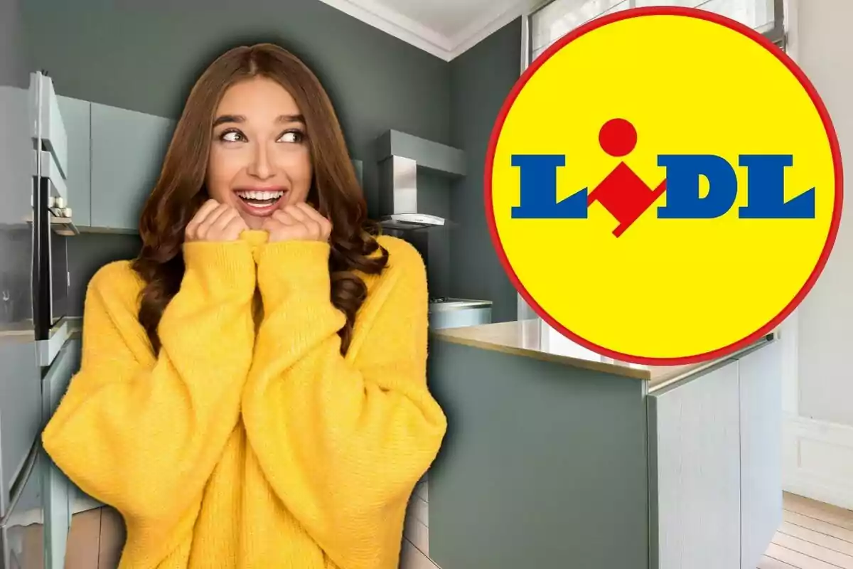 Smiling woman in a yellow sweater in a modern kitchen next to the Lidl logo
