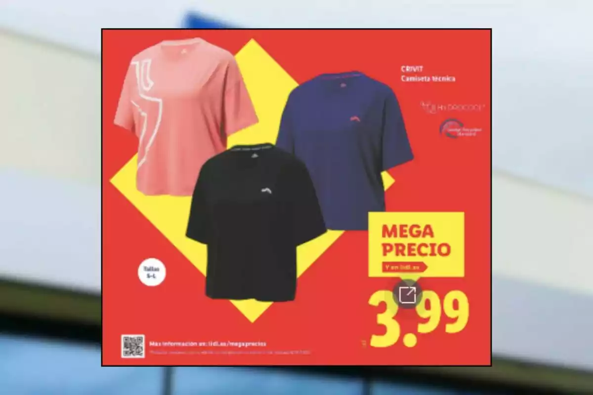 Oferta de samarretes tècniques CRIVIT per a dona en colors rosa, blau i negre amb preu destacat de 3,99 euros sobre fons vermell i groc Oferta de samarretes tècniques CRIVIT per a dona en colors rosa, blau i negre amb preu destacat de 3,99 euros sobre fons vermell i groc