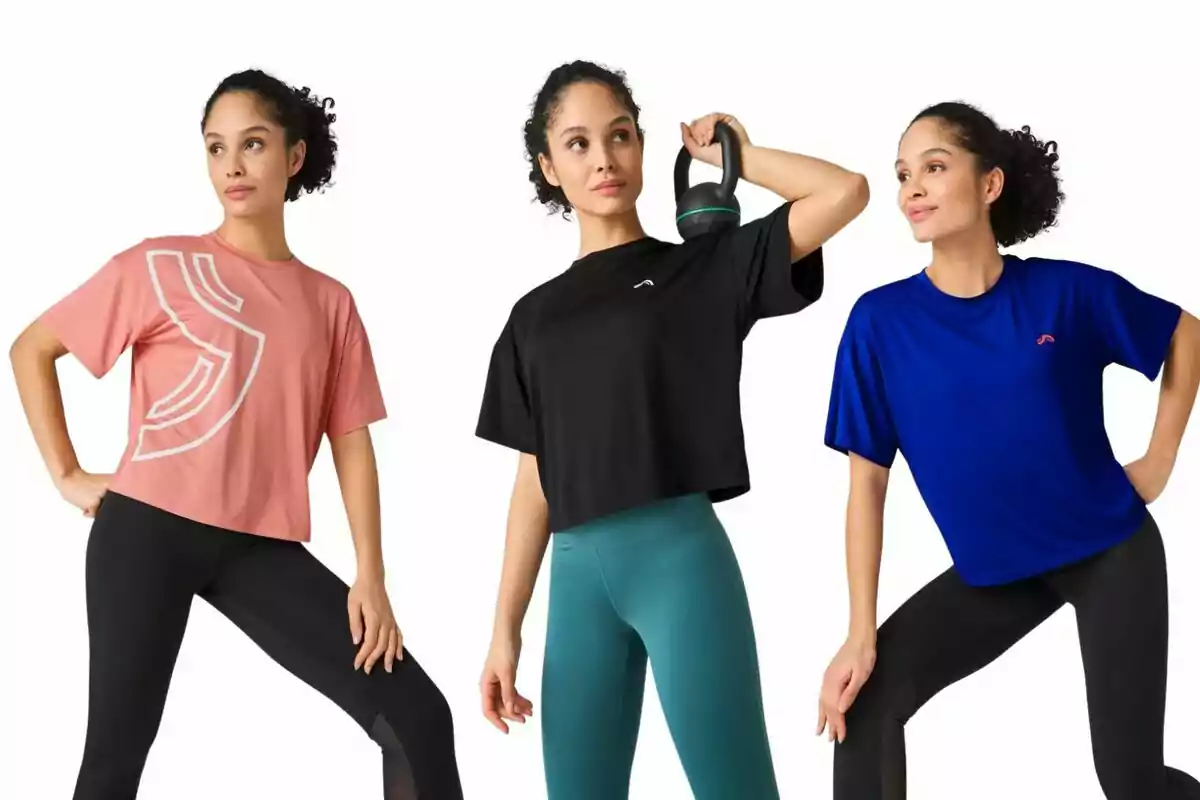 Tres dones posen amb roba esportiva de diferents colors sobre un fons blanc Tres dones posen amb roba esportiva de diferents colors sobre un fons blanc