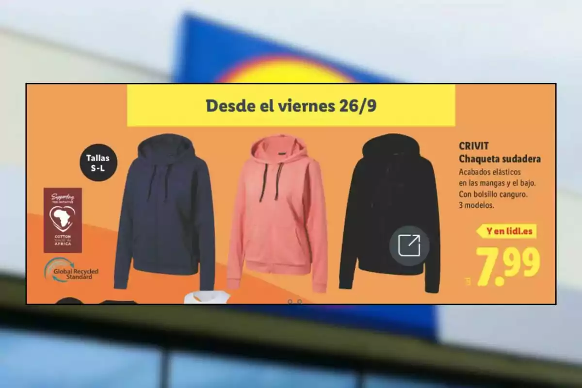 Oferta de chaquetas sudadera CRIVIT para mujer en colores azul marino, rosa y negro disponibles en tallas S a L a 7.99 euros desde el viernes 26 de septiembre en Lidl