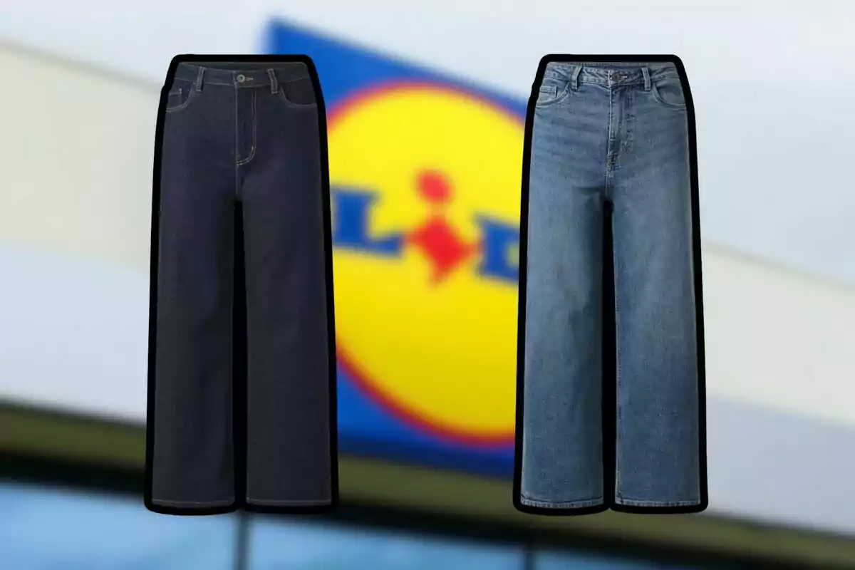 Two wide-leg denim pants in different shades of blue in front of a background with a store logo.