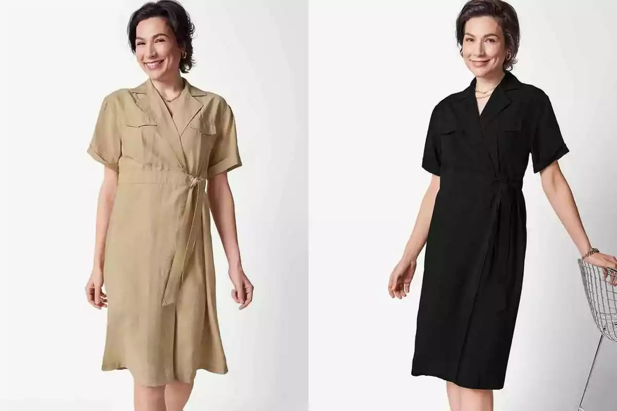 Mujer sonriendo usando un vestido cruzado de manga corta en dos colores diferentes, beige y negro, sobre fondo blanco Mujer sonriendo usando un vestido cruzado de manga corta en dos colores diferentes, beige y negro, sobre fondo blanco
