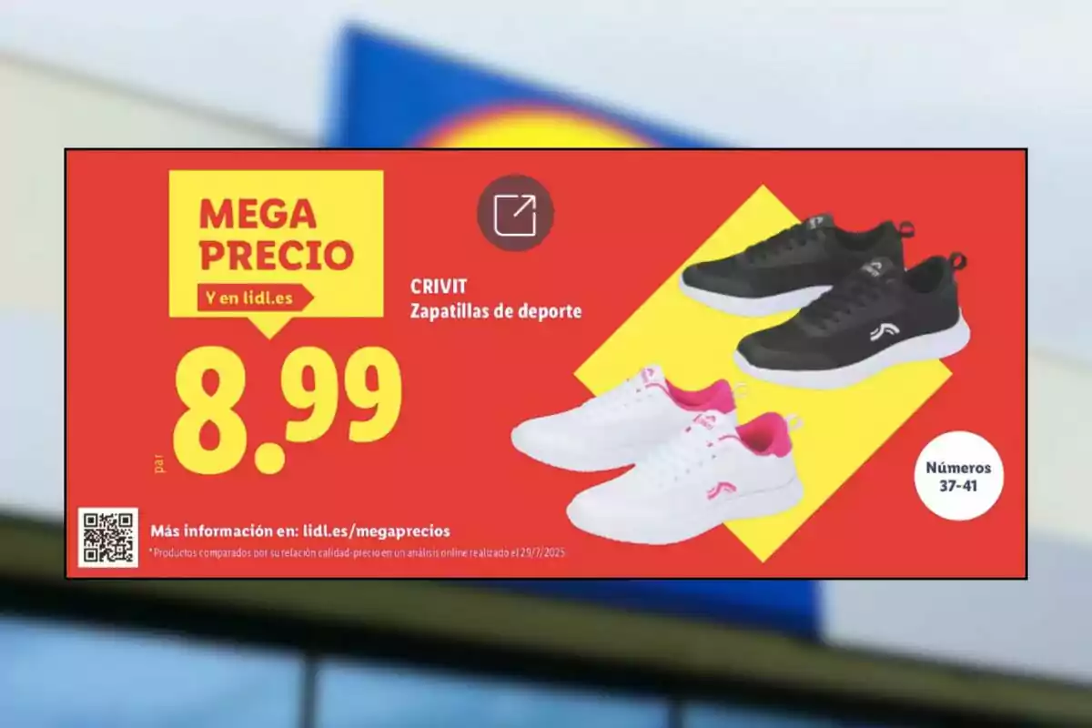 Oferta de sabatilles esportives Crivit en colors negre i blanc amb detalls roses, disponibles en talles del 37 al 41, a un preu de 8,99 euros el parell a Lidl