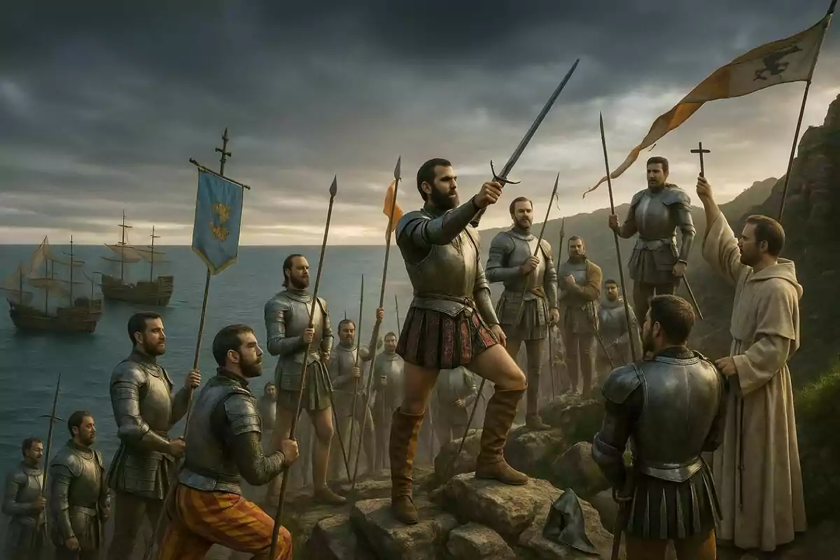 Un grup de conqueridors amb armadures i banderes desembarca en una costa rocosa mentre un líder, Pere d’Estopinyà, sosté una espasa enlaire i diversos vaixells de vela es veuen al fons sota un cel ennuvolat.