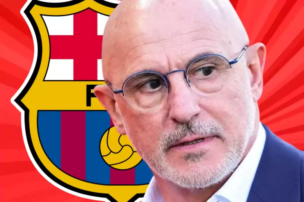 Bald man with glasses and a gray beard in front of the FC Barcelona crest on a red background