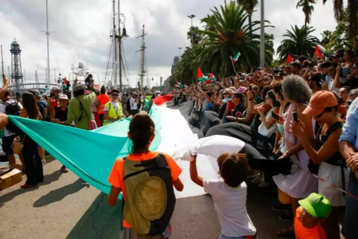 Multitud de persones marxant i sostenint una gran bandera amb els colors de Palestina en un carrer envoltat de palmeres i vaixells al fons. Multitud de persones marxant i sostenint una gran bandera amb els colors de Palestina en un carrer envoltat de palmeres i vaixells al fons.