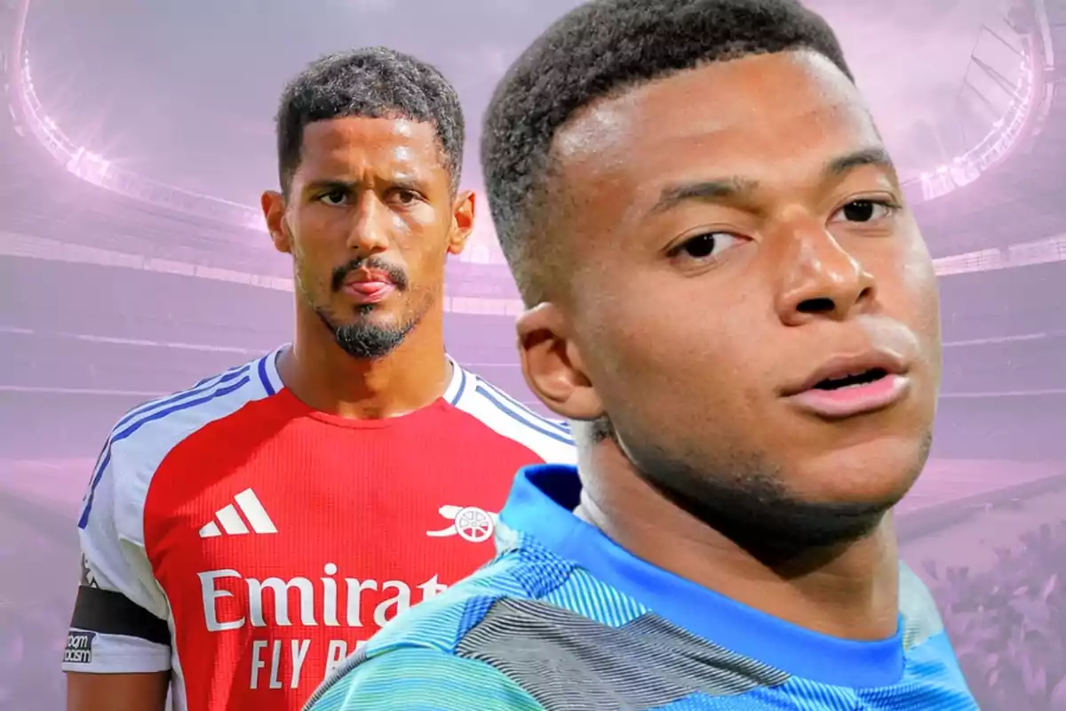 Dos futbolistas con uniforme de sus equipos posan en un estadio con fondo difuminado y tonos morados