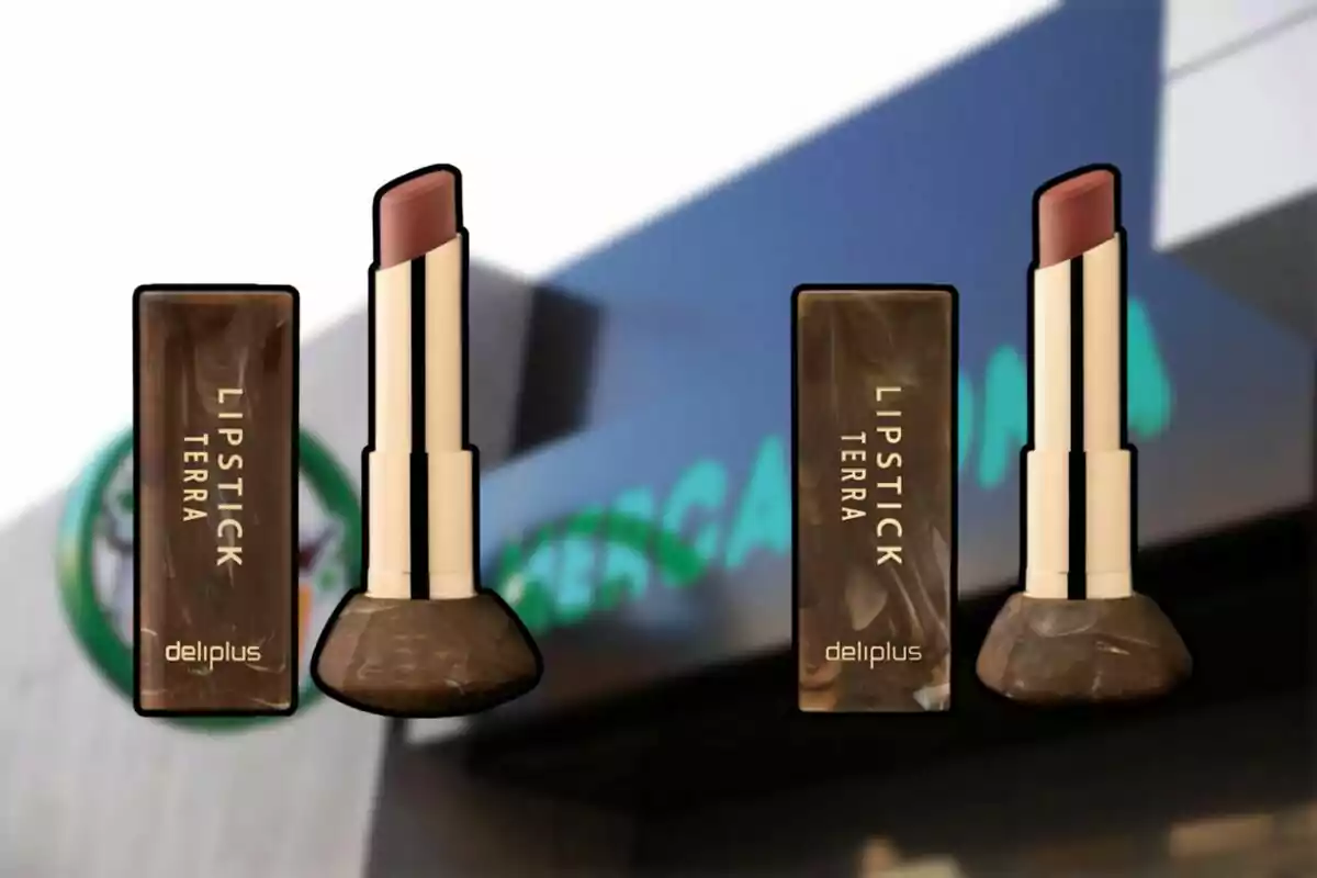 Dos labiales Deliplus Lipstick Terra con su estuche marrón y dorado aparecen en primer plano sobre un fondo desenfocado de una tienda. Dos labiales Deliplus Lipstick Terra con su estuche marrón y dorado aparecen en primer plano sobre un fondo desenfocado de una tienda.