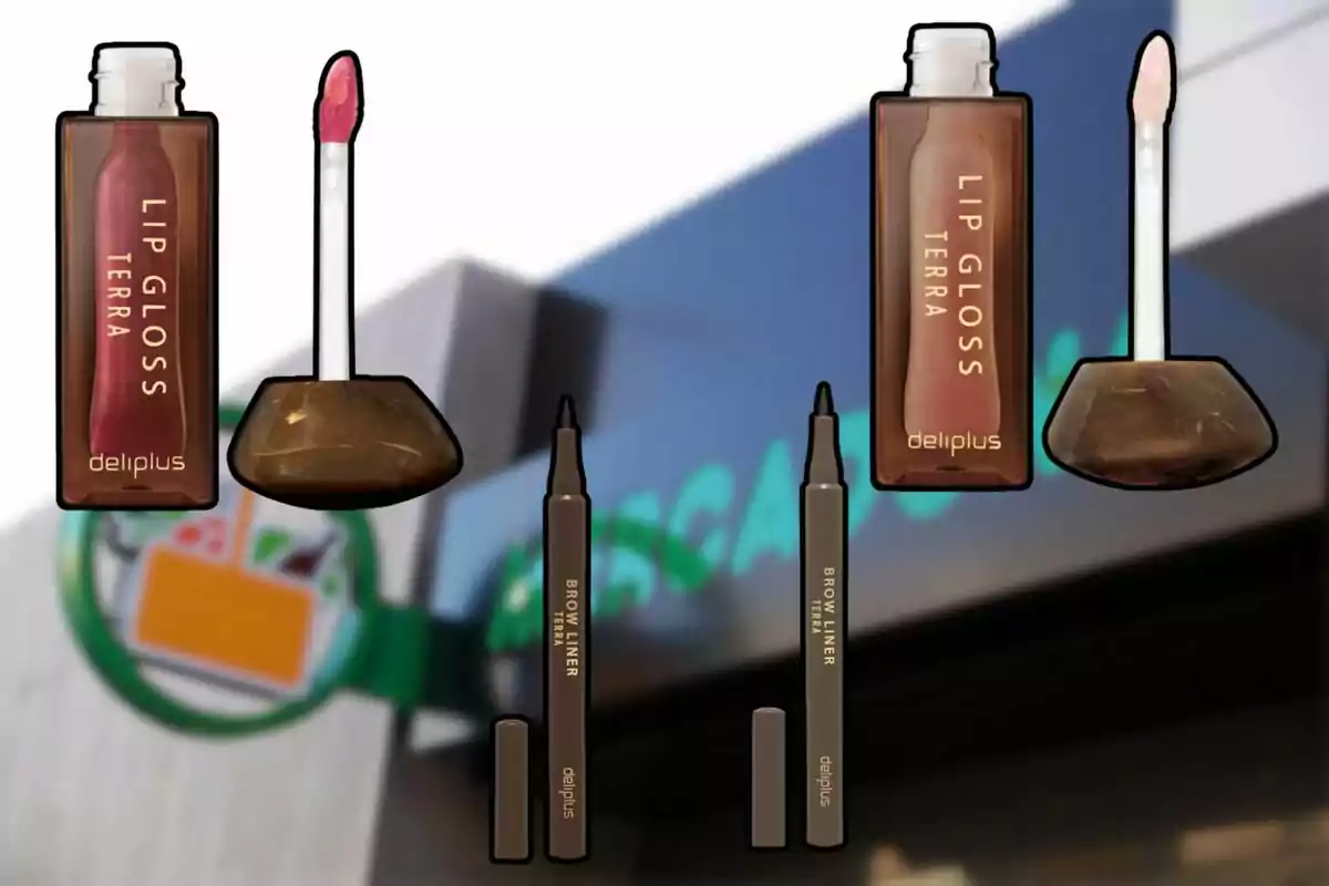 Productos de maquillaje Deliplus como lip gloss y brow liner en primer plano con el letrero de un supermercado de fondo desenfocado Productos de maquillaje Deliplus como lip gloss y brow liner en primer plano con el letrero de un supermercado de fondo desenfocado