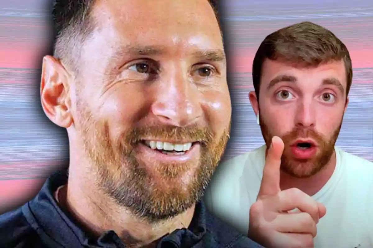 Dos homes en primer pla, un somrient i l’altre assenyalant amb el dit índex, sobre un fons difuminat de colors blau i rosa.