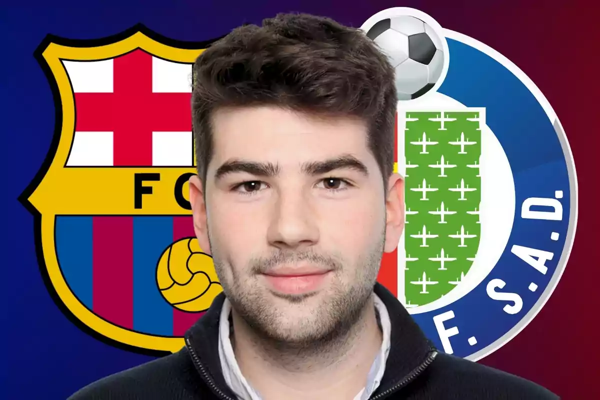 Un home jove de cabell fosc apareix en primer pla amb els escuts dels equips de futbol Barcelona i Getafe de fons.