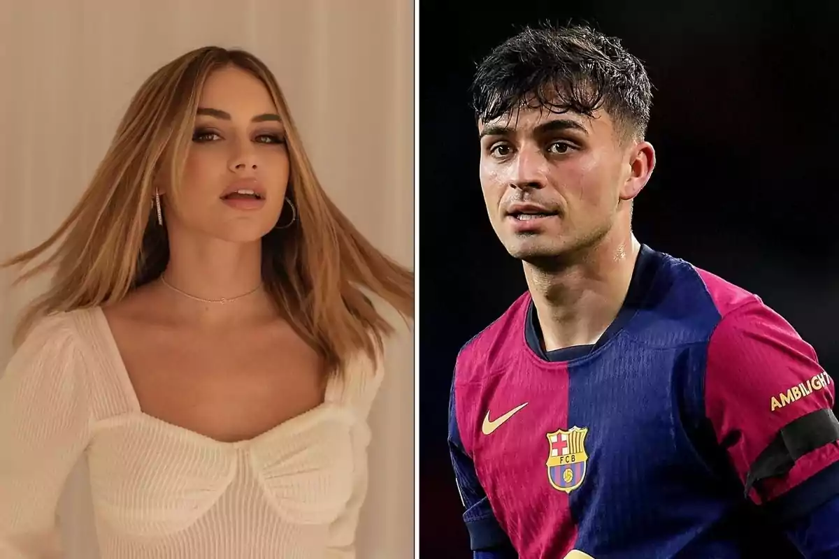 Abril Cols amb cabell ros i solt porta un jersei blanc i posa davant d’un fons clar mentre Pedri amb samarreta del Barcelona apareix en un camp de futbol. Abril Cols amb cabell ros i solt porta un jersei blanc i posa davant d’un fons clar mentre Pedri amb samarreta del Barcelona apareix en un camp de futbol.