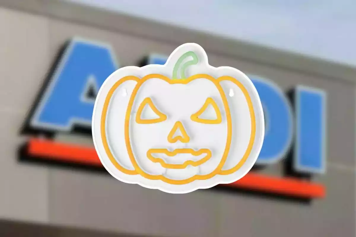 Halloween pumpkin with neon lights in front of a blurred Aldi store