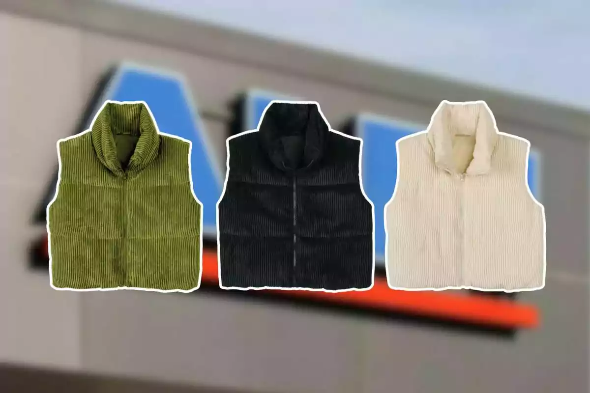Tres chalecos de pana en colores verde, negro y beige están alineados frente a un fondo desenfocado de una tienda. Tres chalecos de pana en colores verde, negro y beige están alineados frente a un fondo desenfocado de una tienda.