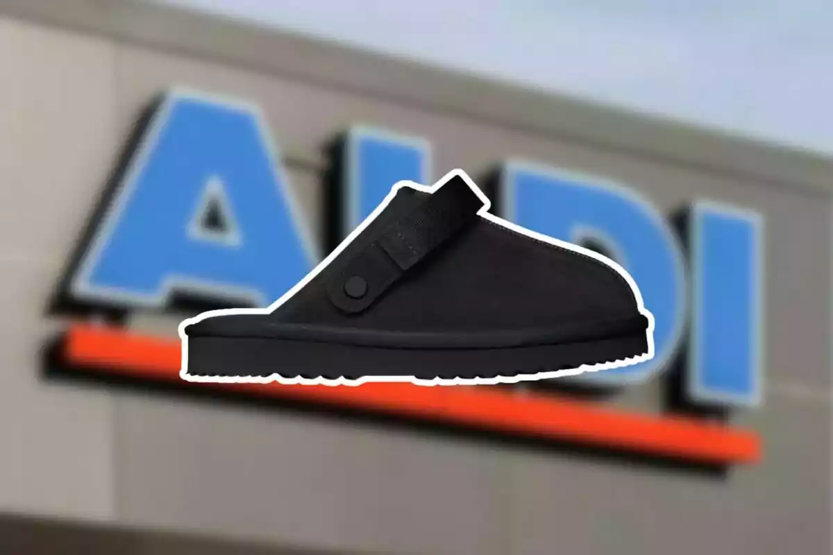 Una sandalia negra con correa aparece en primer plano sobre un fondo desenfocado de un letrero de la tienda Aldi.