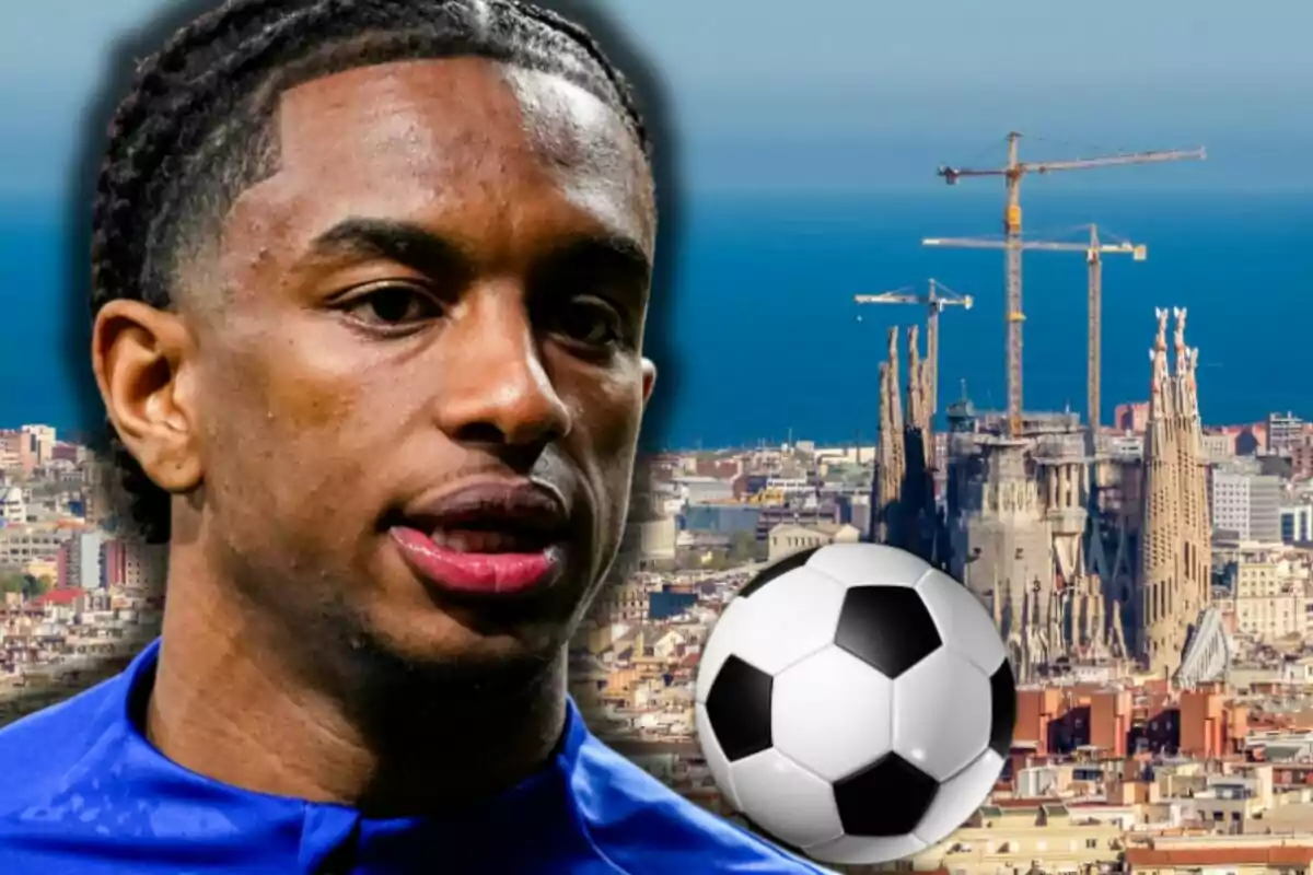 Alejandro Balde amb samarreta blava apareix en primer pla amb la Sagrada Família i una pilota de futbol al fons a la ciutat de Barcelona.