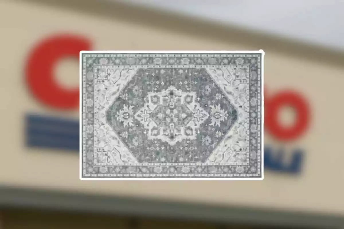 Alfombra gris con diseño geométrico y detalles florales sobre un fondo desenfocado de una tienda Alfombra gris con diseño geométrico y detalles florales sobre un fondo desenfocado de una tienda