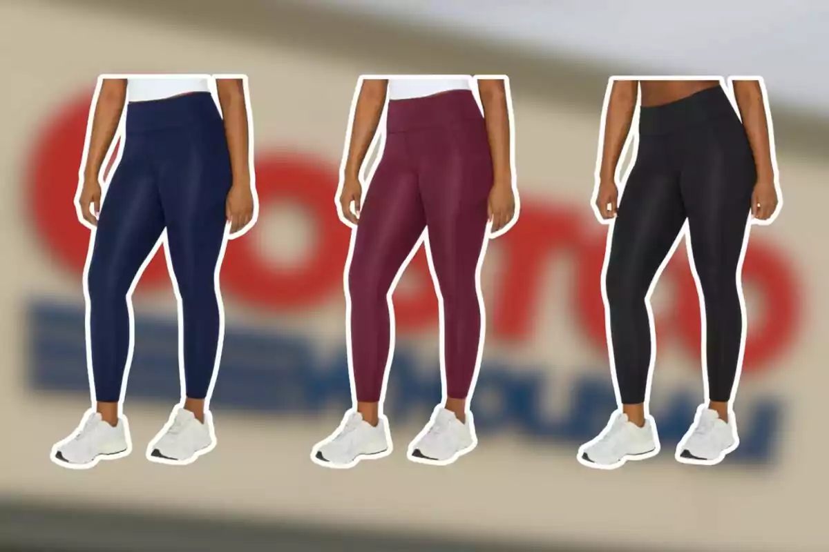 Three women model athletic leggings in navy blue, wine, and black in front of a blurred store background. Three women model athletic leggings in navy blue, wine, and black in front of a blurred store background.