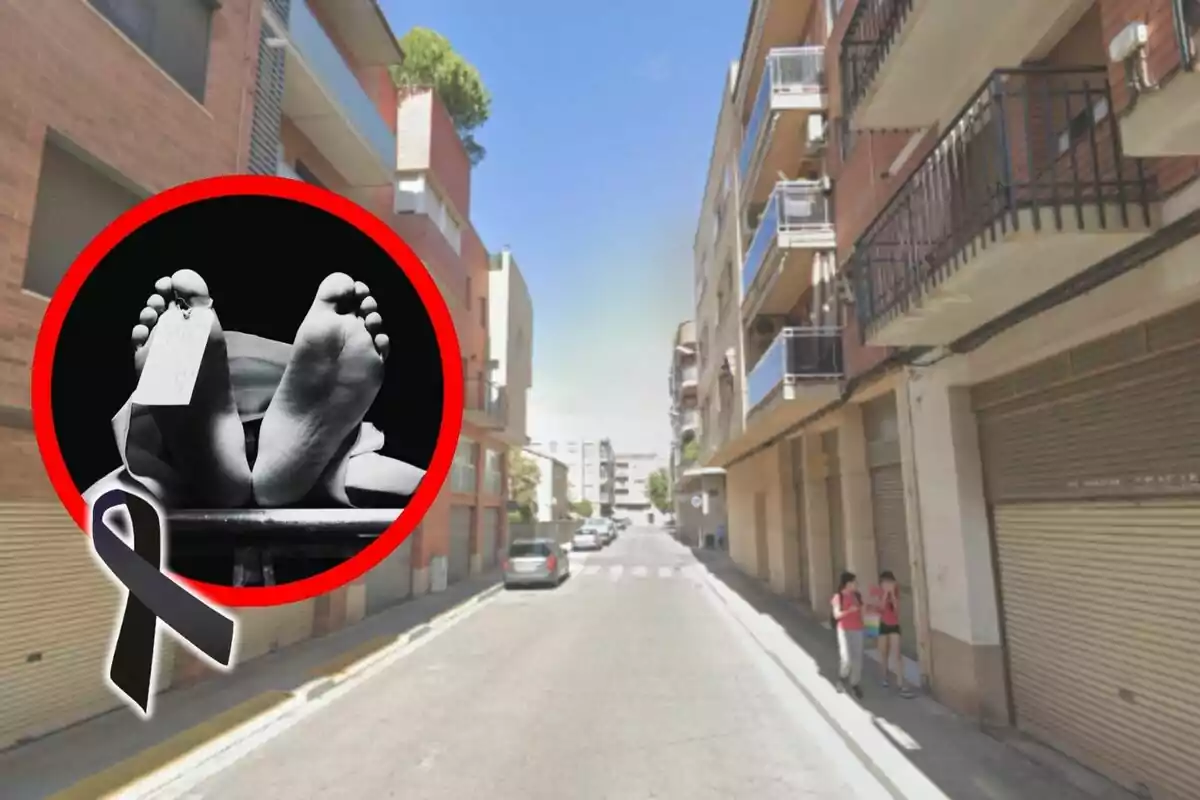 Calle vacía con edificios en Lérida y un gráfico de pies de una persona fallecida en un círculo rojo con un lazo negro.