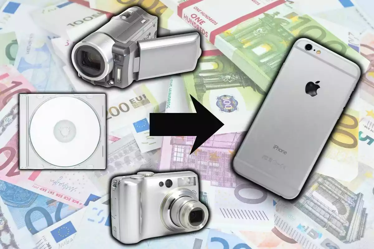 Diversos dispositius electrònics antics i un CD apunten cap a un iPhone sobre bitllets d’euro, representant l’evolució tecnològica.