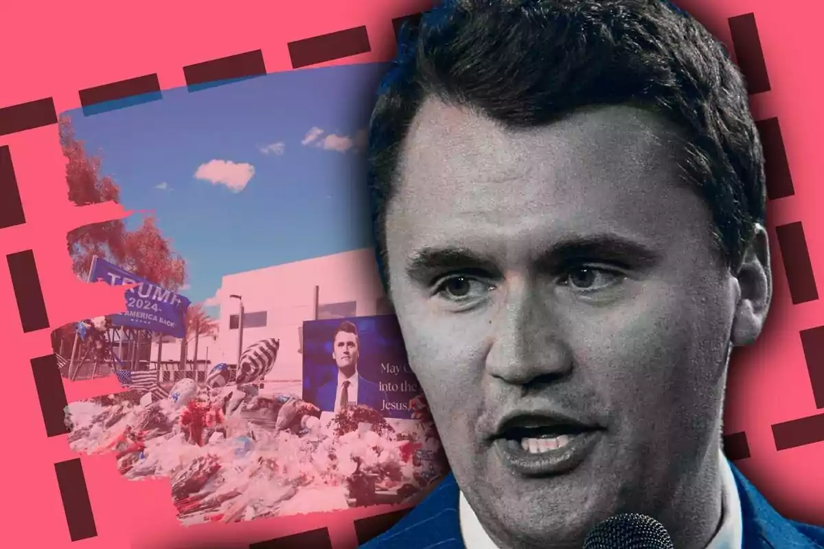 Muntatge de fotos de Charlie Kirk parlant al micròfon en primer pla amb un fons editat en tons rosats que mostra una pancarta de Trump 2024, flors i un retrat d’ell.