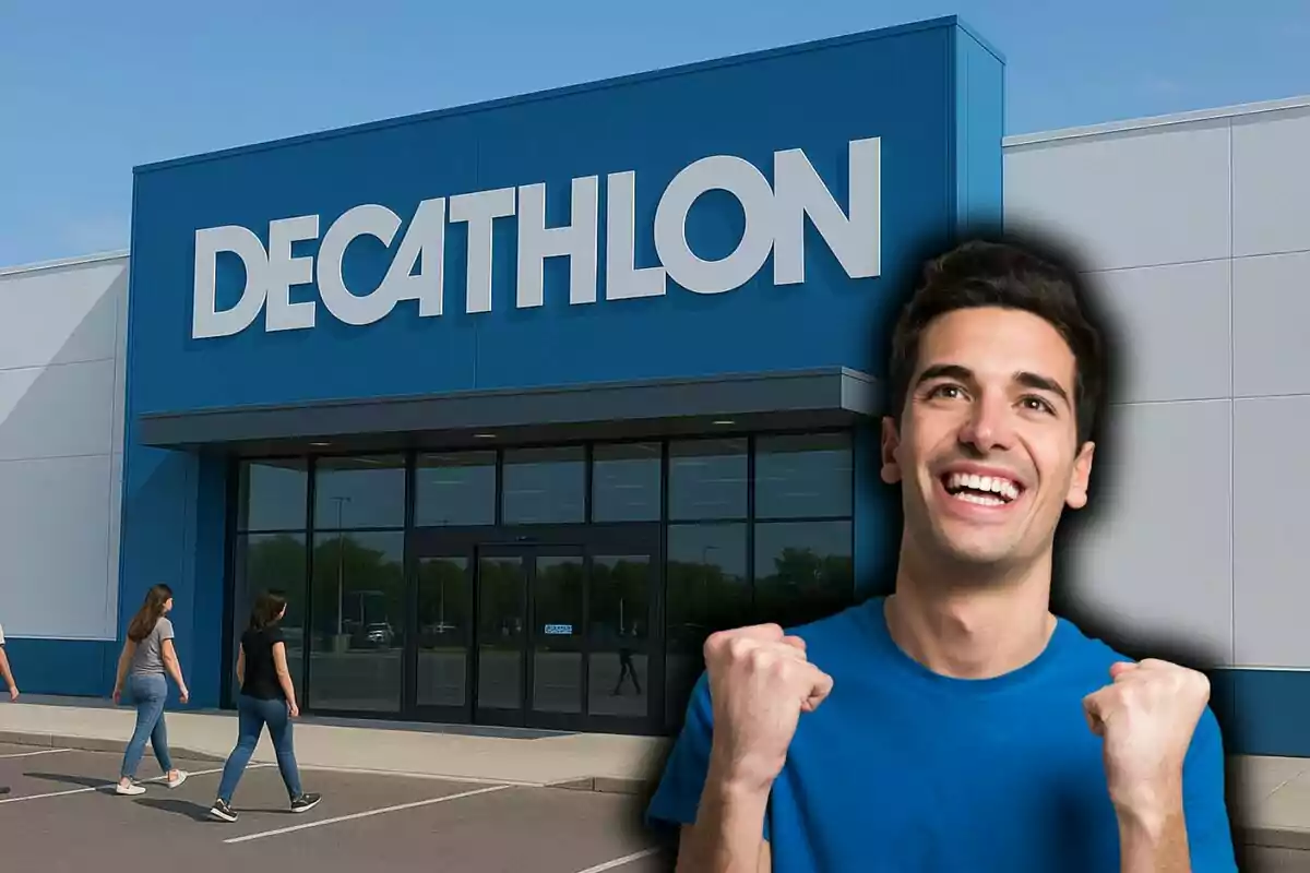 Home somrient amb gest d’emoció davant d’una botiga Decathlon mentre dues dones caminen cap a l’entrada.