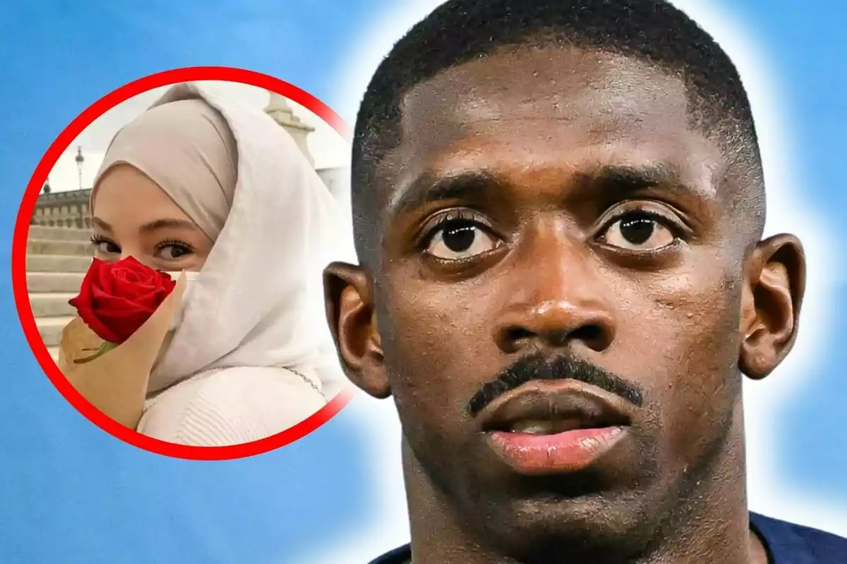 Primer pla de Dembélé amb expressió seriosa i al fons un cercle vermell que emmarca una dona amb vel blanc sostenint una rosa vermella, que és la seva dona, Rima Edbouche.