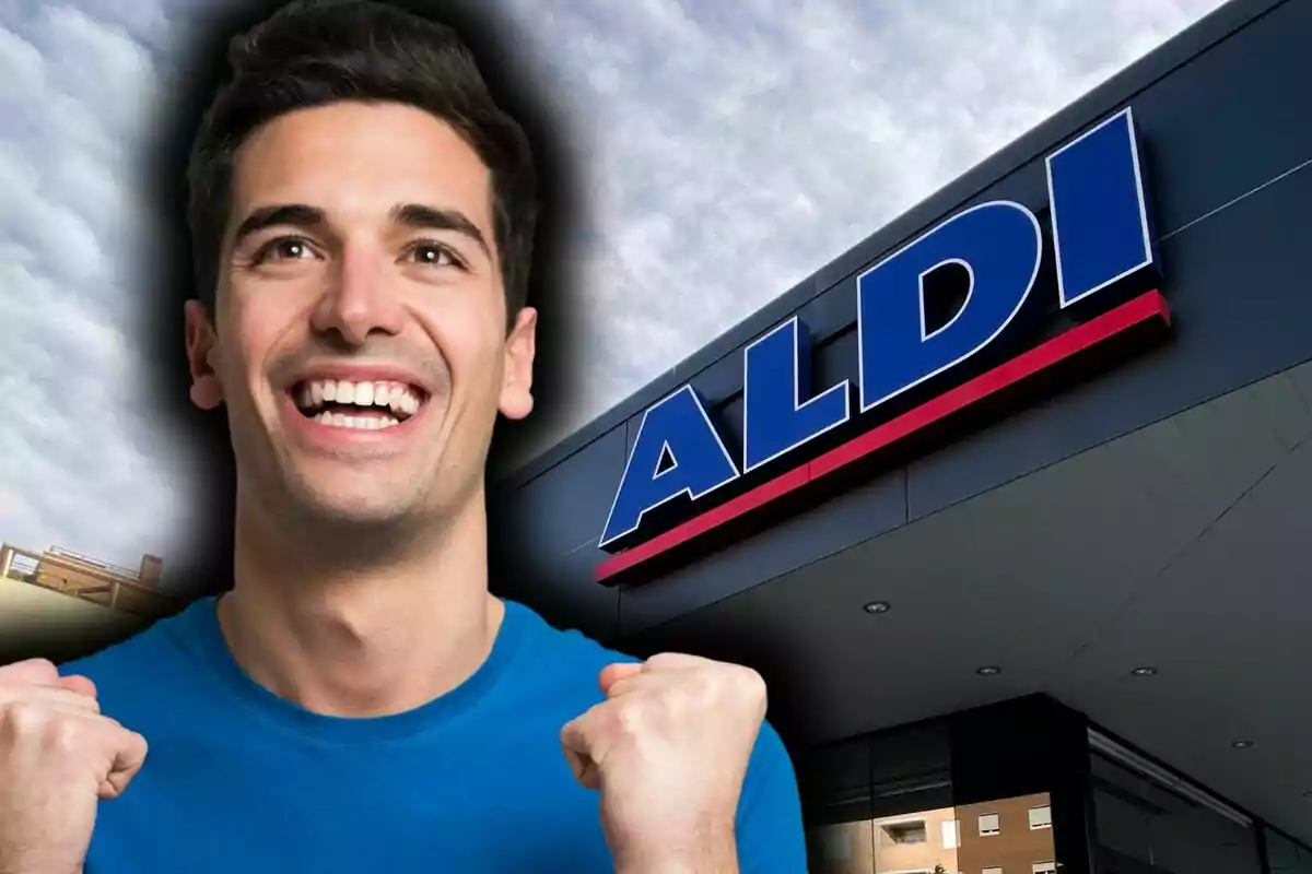 Smiling man with a joyful expression in front of the entrance to an Aldi supermarket.