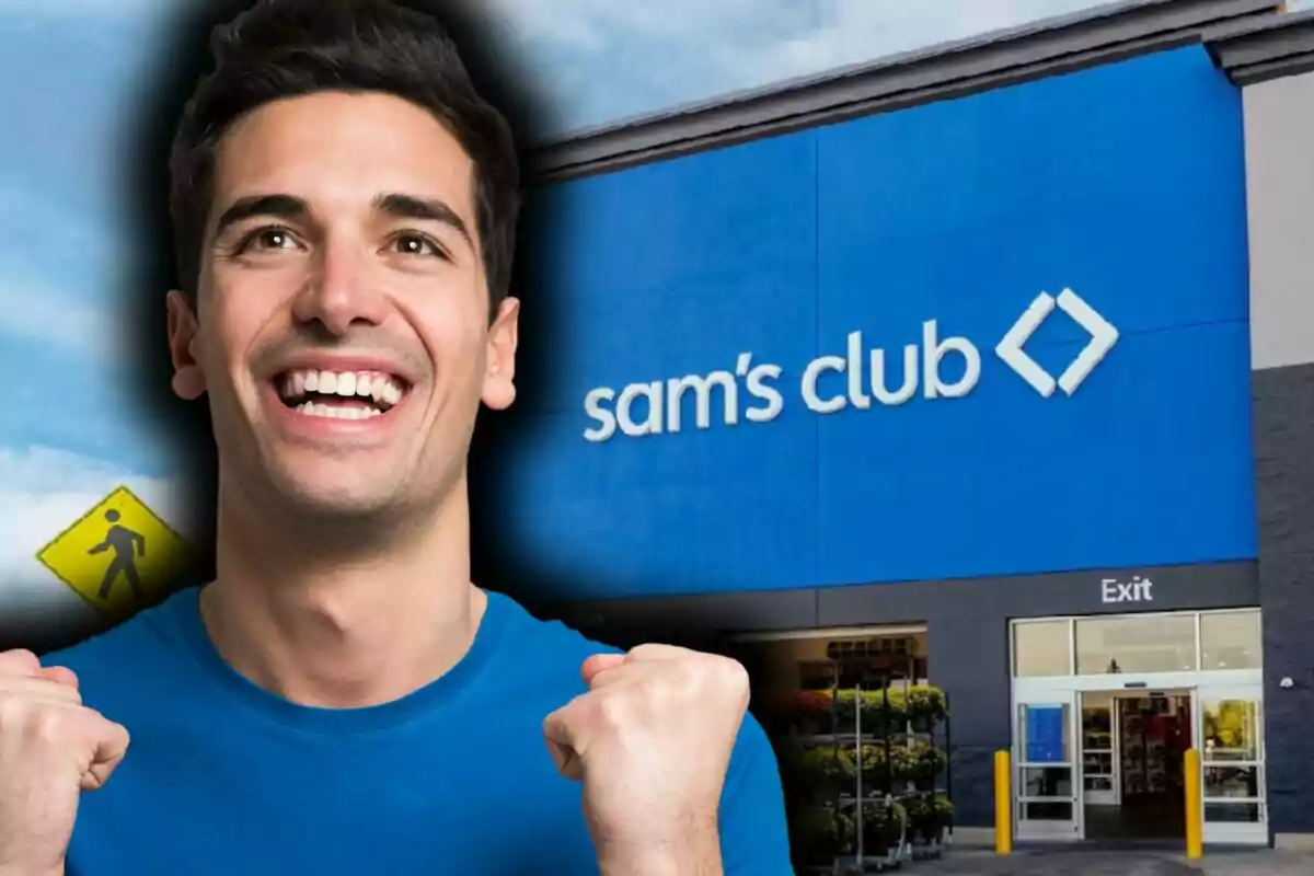 Smiling and excited man in front of a Sam's Club store entrance.