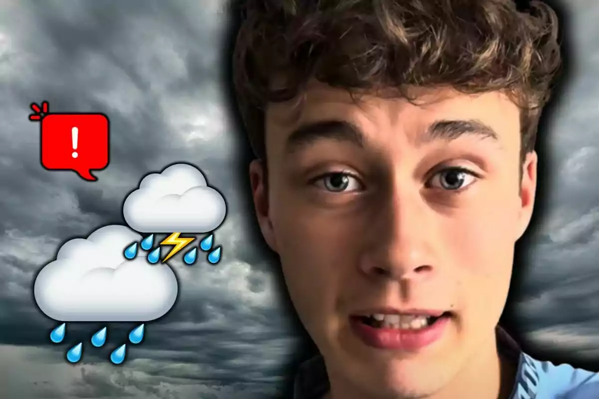 Montaje de fotos de Jorge Rey con expresión seria frente a un cielo nublado con íconos de alerta y tormenta.