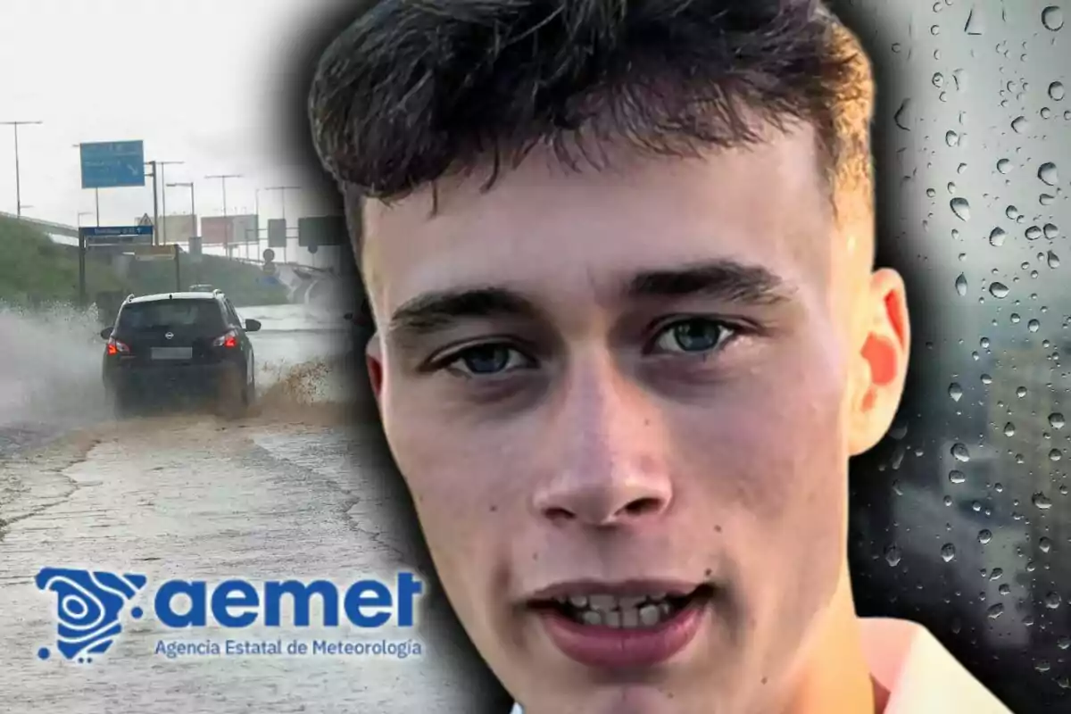 Muntatge de fotos amb Jorge Rey en primer pla amb un fons de carretera inundada, gotes de pluja en un vidre i el logotip de l’Agència Estatal de Meteorologia.
