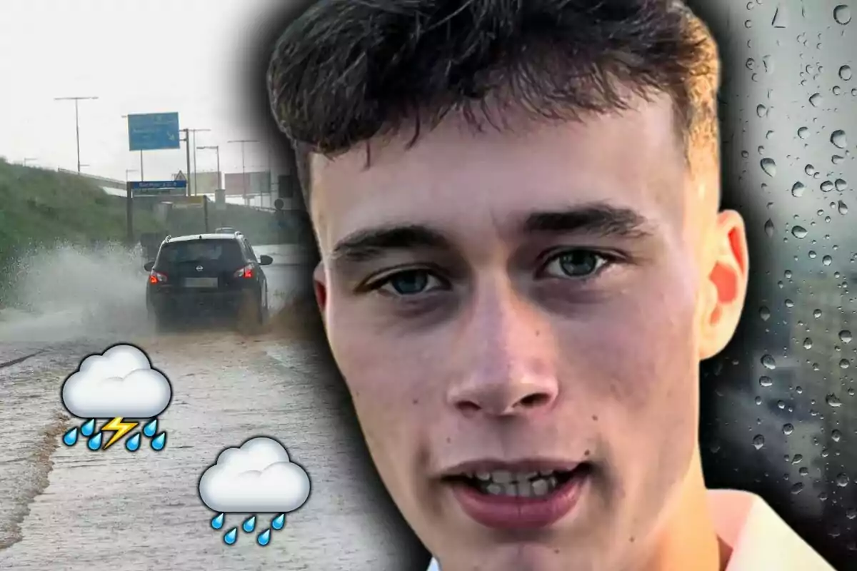 Muntatge de fotos amb Jorge Rey en primer pla amb un fons de carretera mullada, un cotxe esquitxant aigua i emojis de núvols amb pluja.