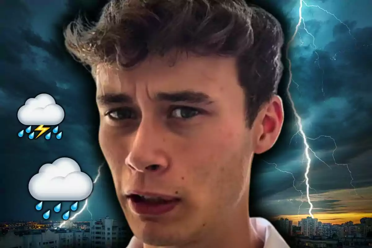 Jorge Rey amb expressió seriosa davant d’un fons de tempesta amb llamps, núvols foscos i emojis de pluja.