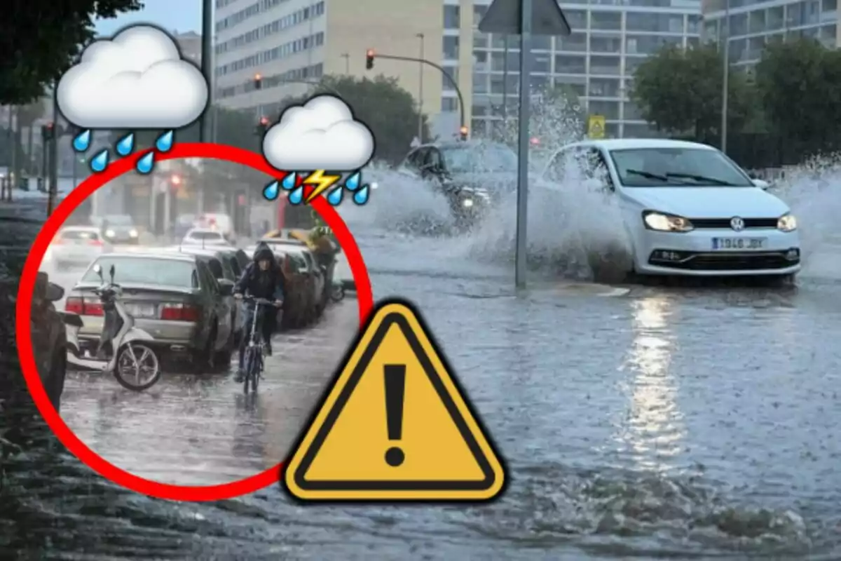 Calle inundada por fuertes lluvias con autos y una persona en bicicleta, además de iconos de advertencia y nubes de tormenta.