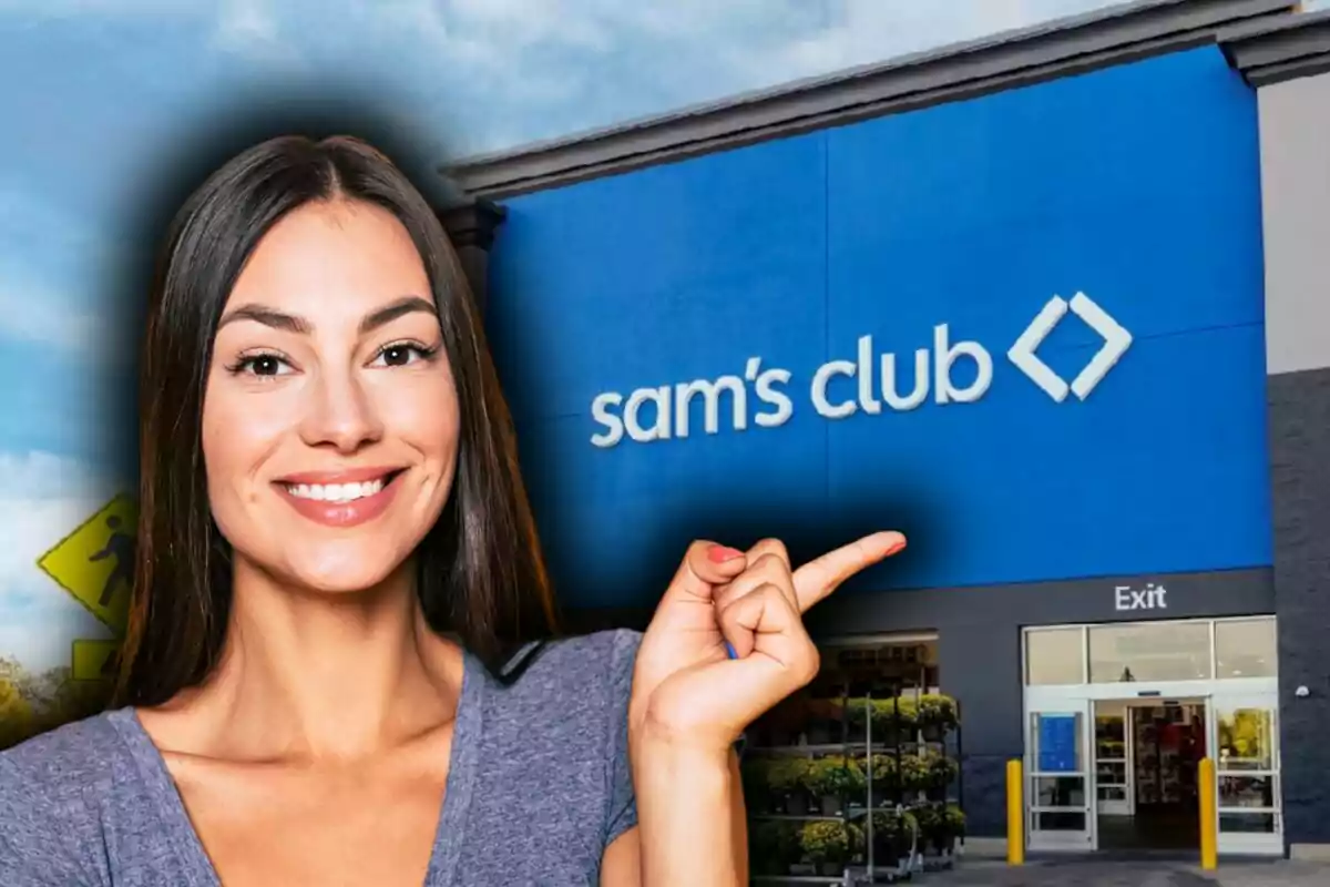 Smiling woman pointing at the entrance of a Sam's Club store.