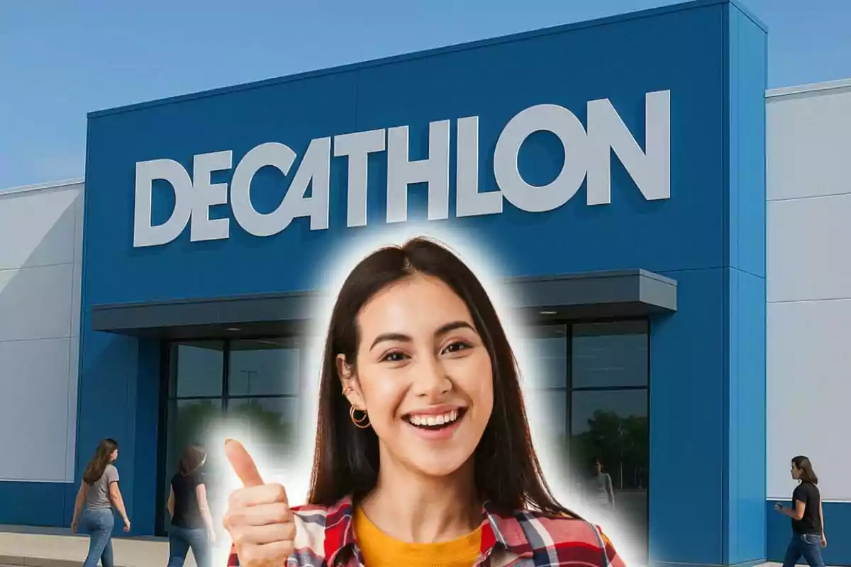 Joven sonriente haciendo señal de pulgar arriba frente a una tienda Decathlon.