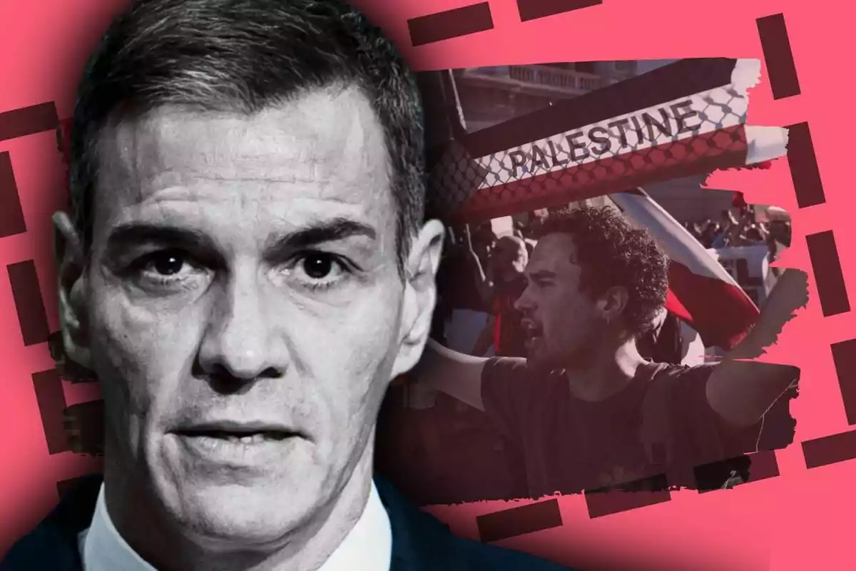 Primer pla de Pedro Sánchez amb expressió seriosa sobre un fons rosa on s’observa una manifestació amb una pancarta que diu 'Palestina'.