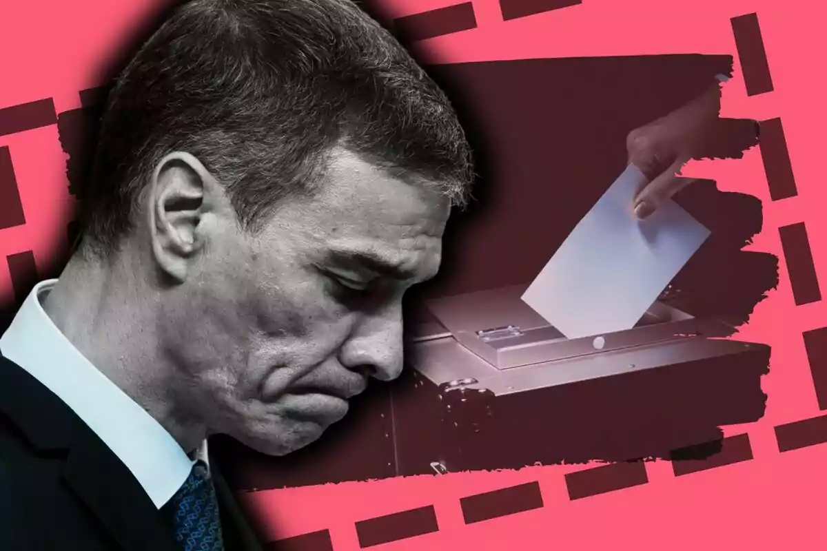 Pedro Sánchez de perfil amb expressió seriosa i una urna de votació al fons sobre un fons rosa.