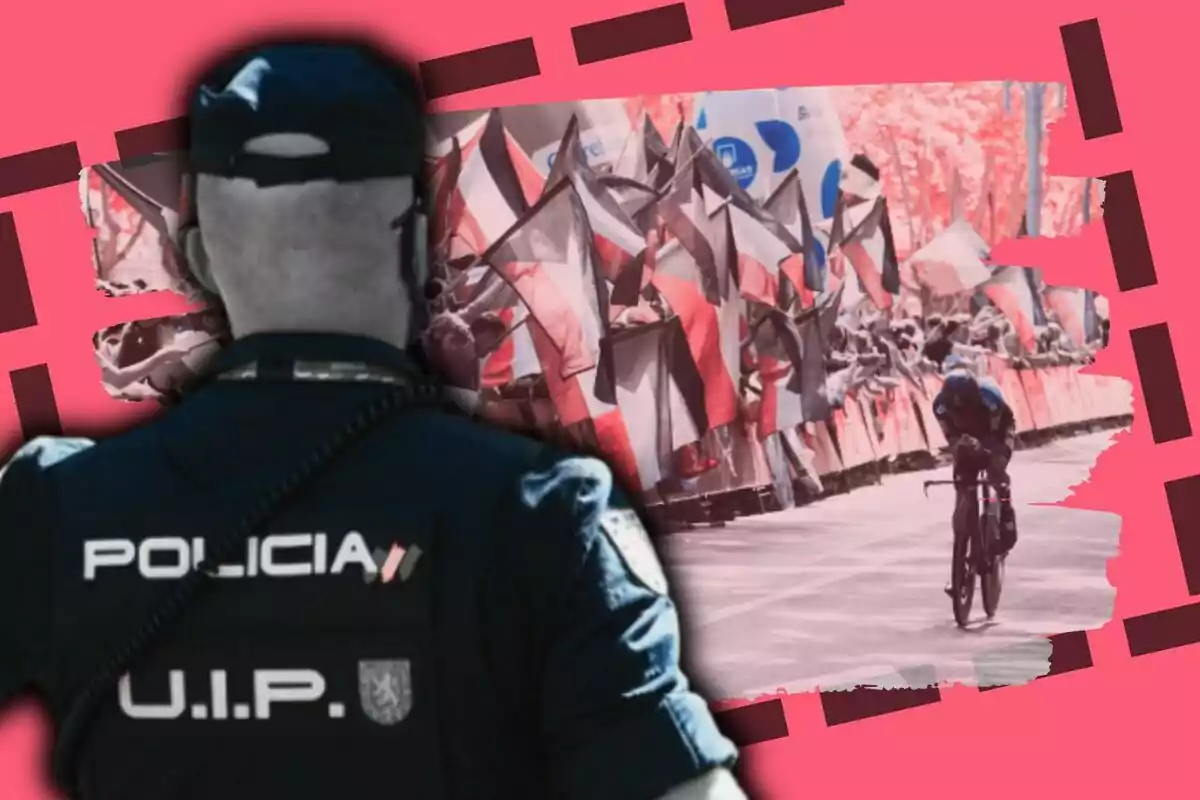 Un policia d’esquena observa una competició ciclista amb públic onejant banderes de Palestina al fons sobre un disseny gràfic de fons rosa.