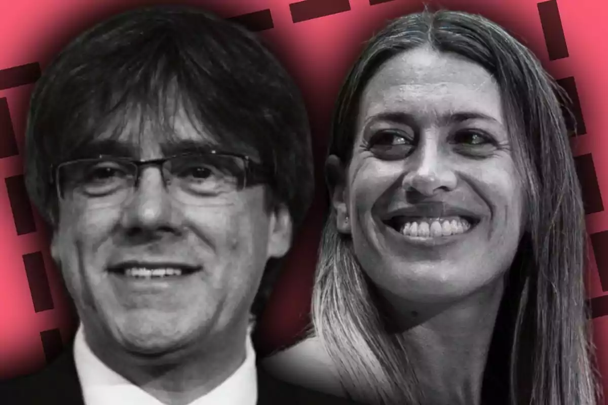 Muntatge de fotos en primer pla de Carles Puigdemont i Míriam Nogueras amb fons rosa i detalls geomètrics foscos.