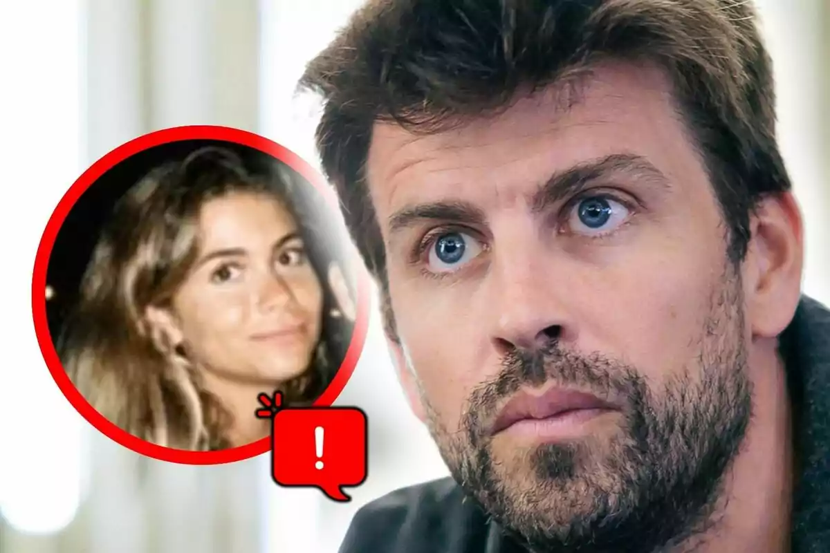 Muntatge de fotos en primer pla de Gerard Piqué i Clara Chía, tots dos amb una icona d’exclamació al mig.