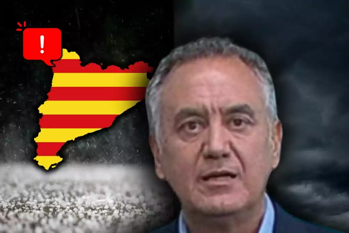 Muntatge de fotos de Roberto Brasero en primer pla amb expressió seriosa i al fons un mapa de Catalunya amb franges vermelles i grogues i un símbol d’advertència sobre un fons fosc i ennuvolat.