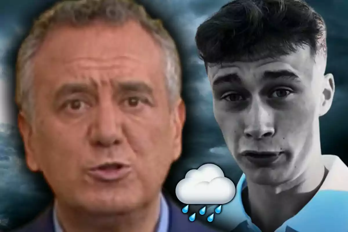 Muntatge de fotos de Roberto Brasero i Jorge Rey en primer pla amb un fons de núvols foscos i un emoji de núvol amb pluja al centre.