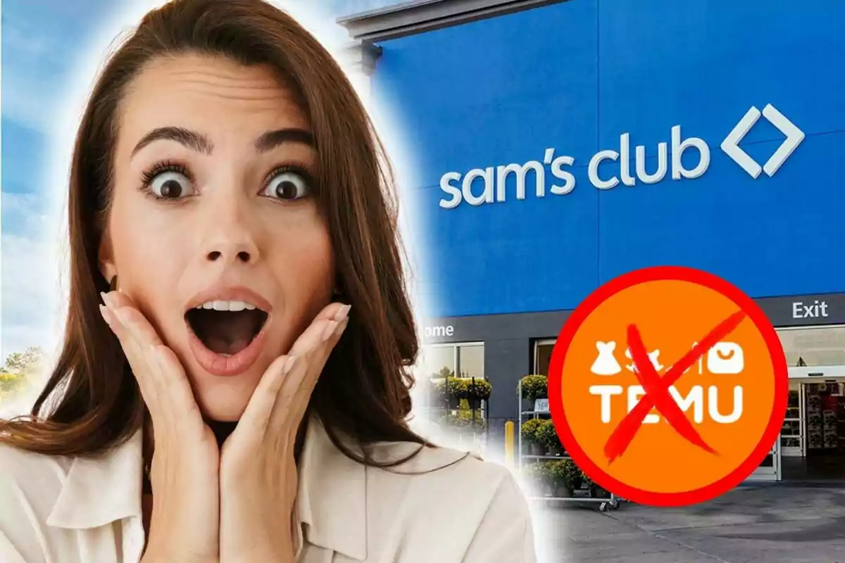 Surprised woman in front of a Sam's Club store with a crossed-out Temu logo.