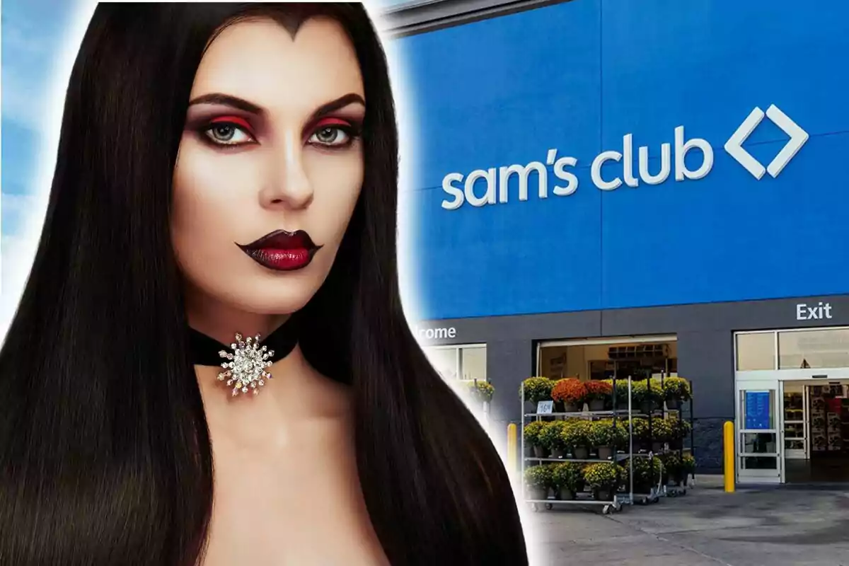 Photo montage of a woman with vampire makeup and a Sam's Club store in the background.