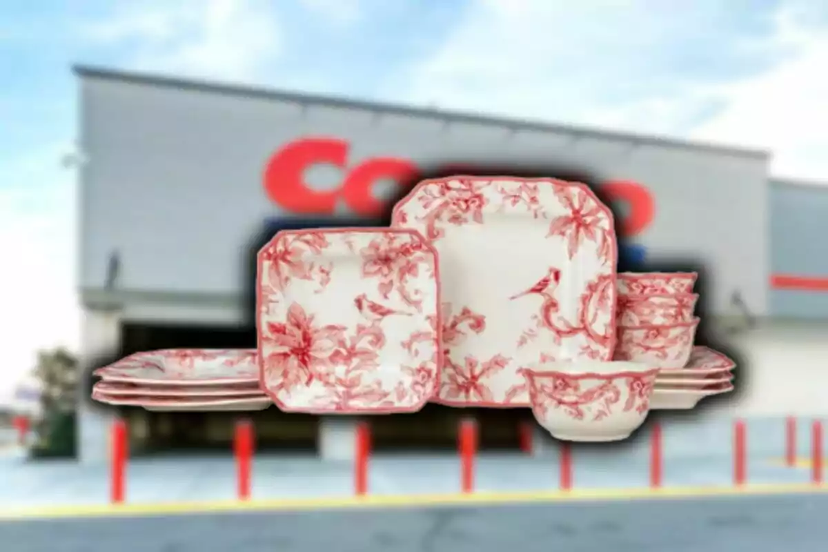 Juego de platos y tazones con diseño floral rojo frente a una tienda Costco desenfocada. Juego de platos y tazones con diseño floral rojo frente a una tienda Costco desenfocada.