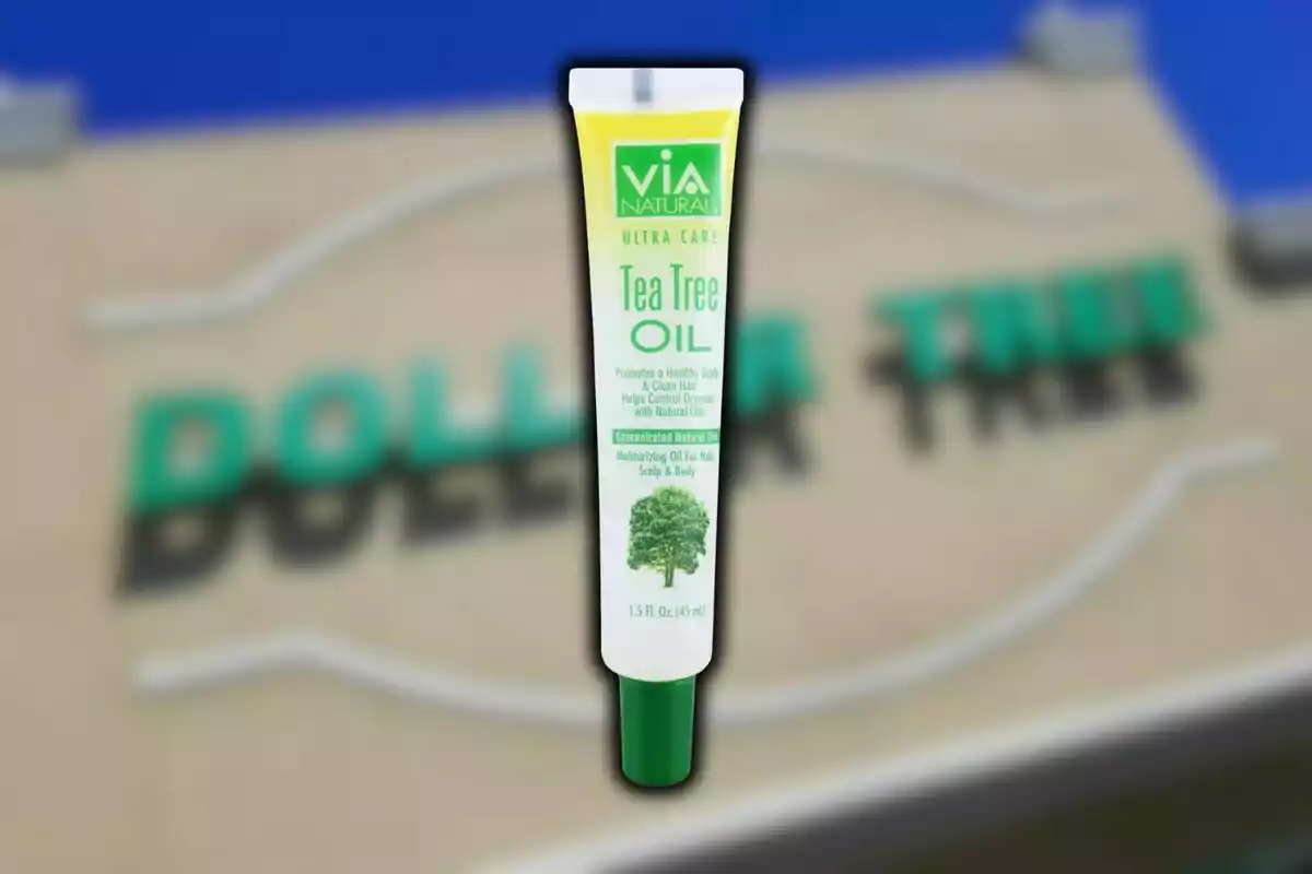 Via Natural tea tree oil tube from Dollar Tree on a blurred store background. Via Natural tea tree oil tube from Dollar Tree on a blurred store background.