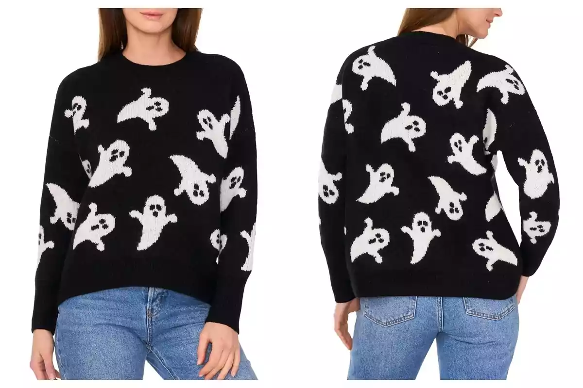Woman wearing a black sweater with white ghost print from Sam's Club and blue jeans, seen from the front and back. Woman wearing a black sweater with white ghost print from Sam's Club and blue jeans, seen from the front and back.