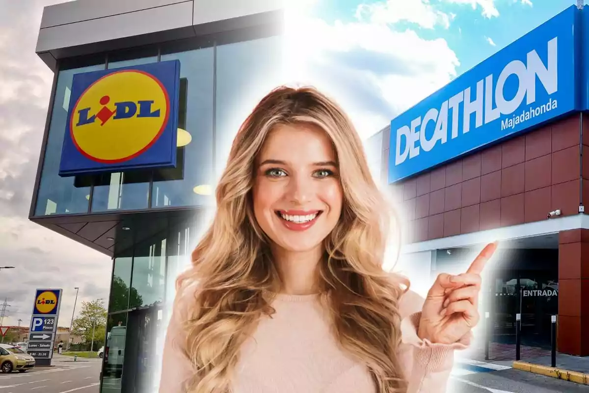 Una mujer sonriente señala hacia el letrero de una tienda Decathlon mientras a su lado aparece la fachada de un supermercado Lidl.
