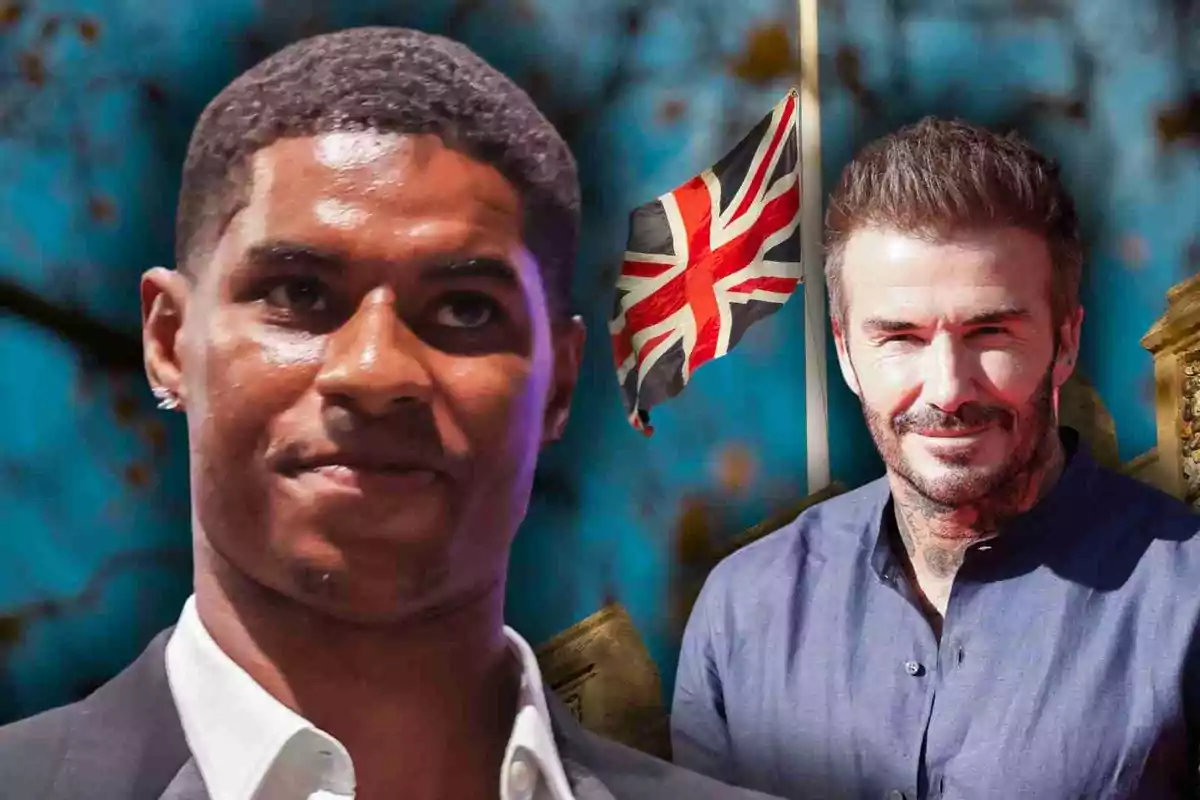 Marcus Rashford i David Beckham en primer pla amb una bandera del Regne Unit onejant al fons